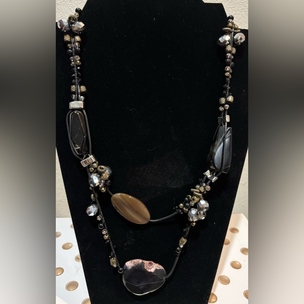 Stunning beaded black & brown necklace onyx silver natural stones 26”